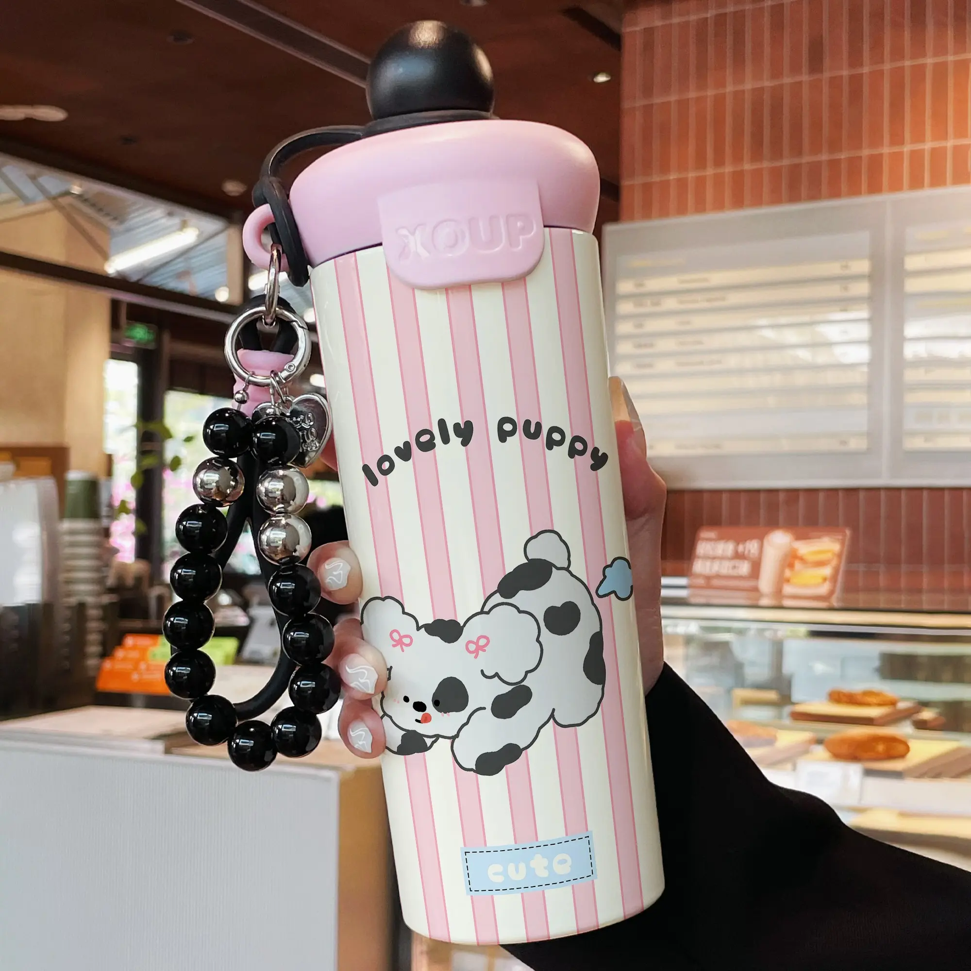 600ML Insulated Cup with Beaded Bracelet, Korean Style Dog Pattern Stainless Steel Mug, Leak-Proof Durable Coffee Travel Cup