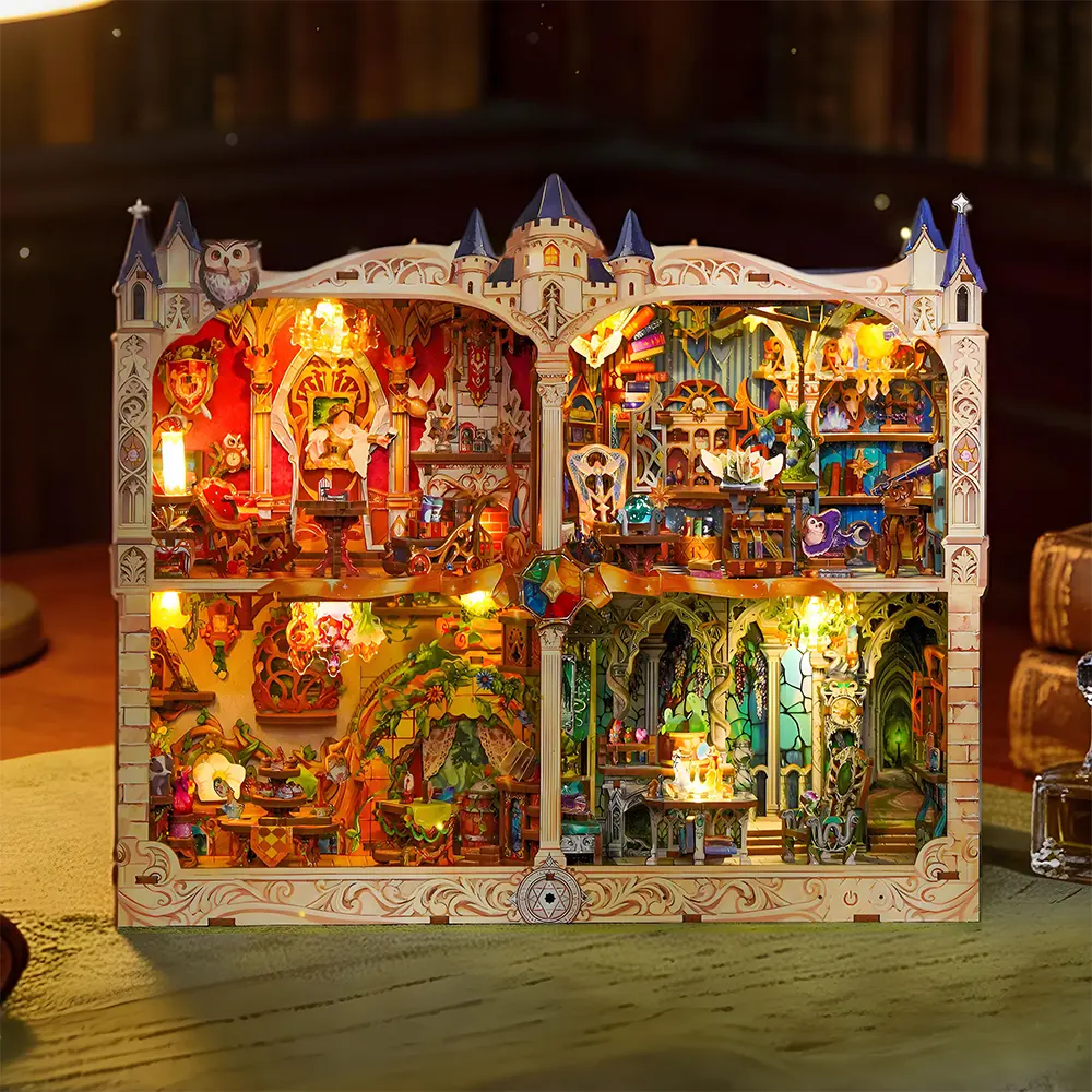 TONECHEER Luminous Fantasy Magic College 3D Wooden Puzzle DIY Story Frame Kit - BPA-Free Mortise-Joining Adult Collectible, Calming & Therapeutic Activity, Wand Sensor, Dual-Mode Lighting, 4 Common Rooms, Customise & Curate 3D/3-D Puzzles