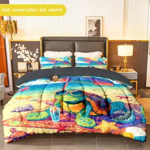 3pcs (1 comforter + 2 pillowcases) Beach - Themed Flannel & Milk Velvet Comforter Set, Soft Cozy Warm Bedding Set for Adults, Trendy Milk Velvet Quilt Set, Bedding Essentials