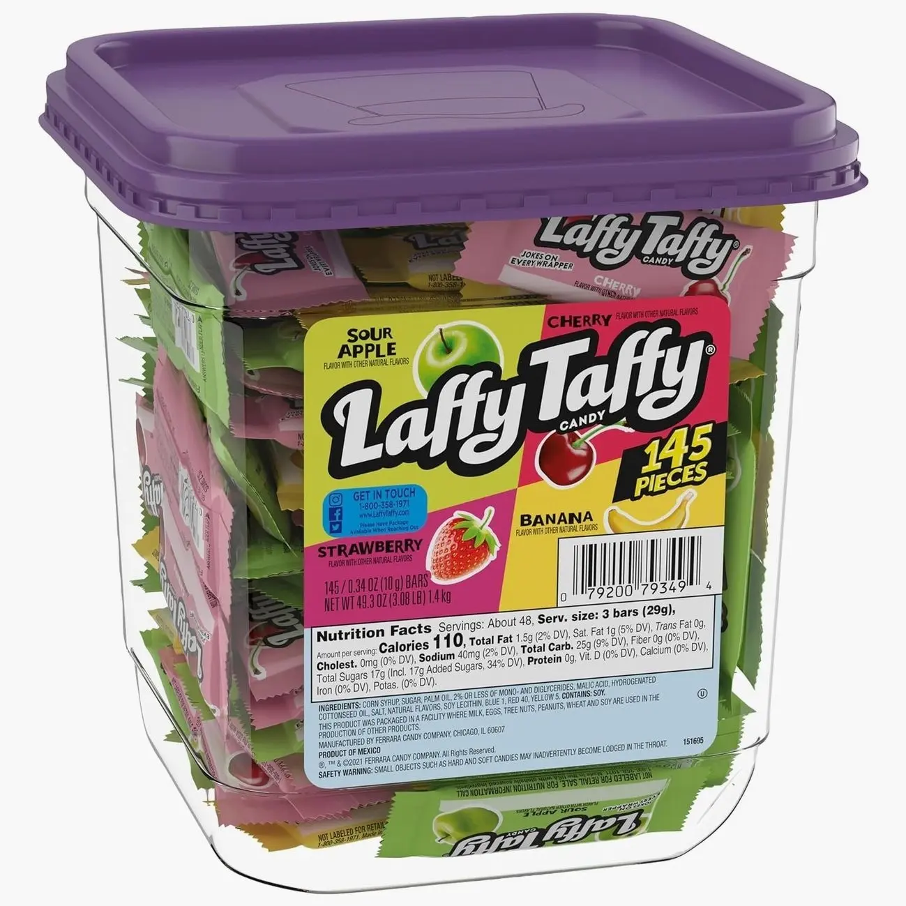 Laffy Taffy Candy, Assorted Fruit Flavored Taffy Candy, Sour Apple, Cherry, Strawberry & Banana Flavors (145 Pieces), 49.3 Ounce