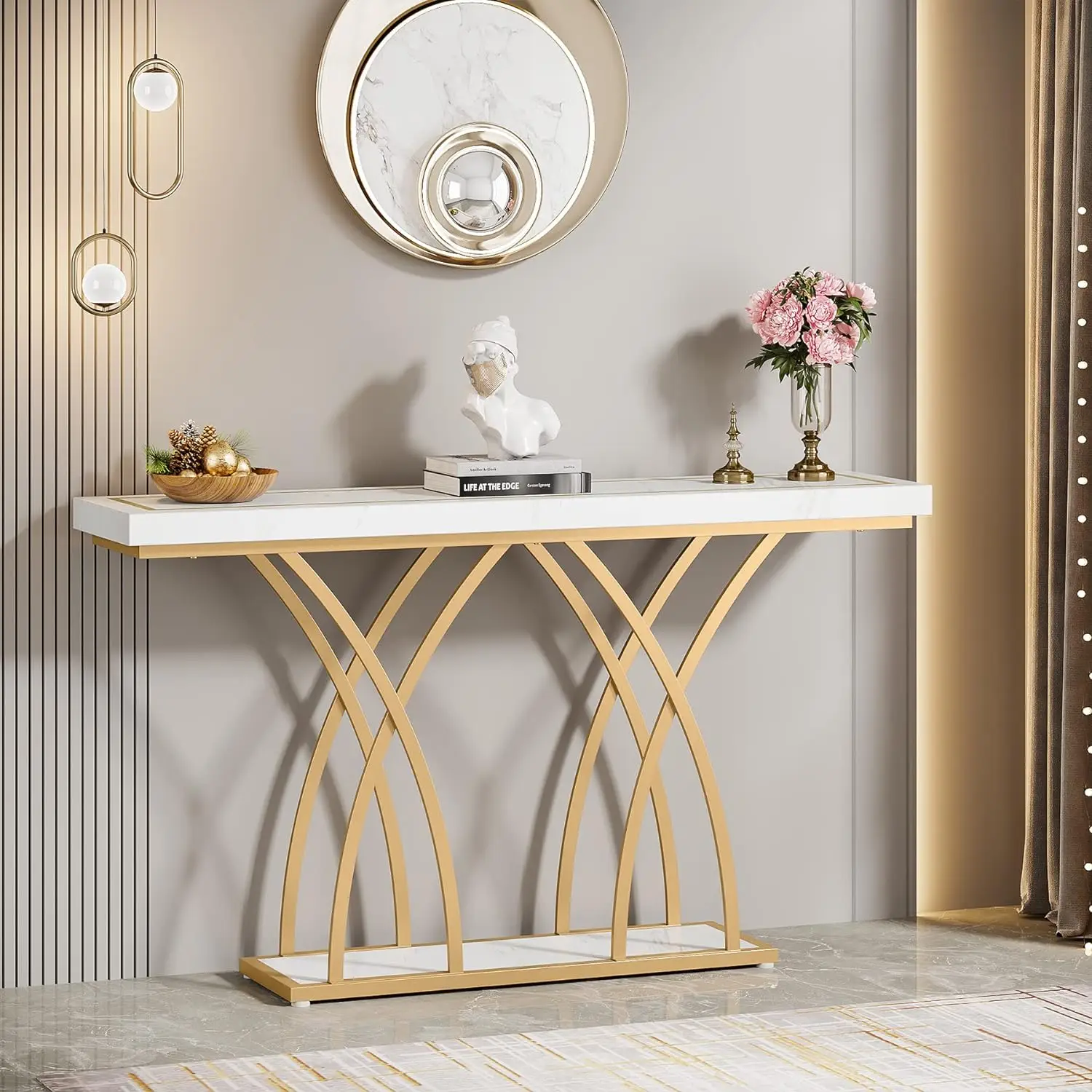 Tribesigns 55 Inch Gold Console Table, Modern Faux Marble Veneer Entryway Table Behind Sofa Couch, Narrow Long Hallway Table with Geometric Metal Legs