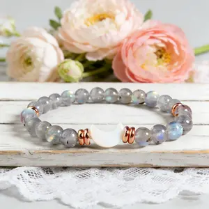 Natural Moonstone Bead Bracelet Moon Phase Charm Crystal 6mm Round Beaded Healing Bracelet, Gift for Her