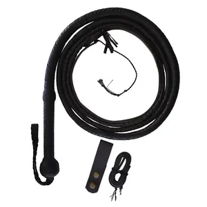 Black Real Leather Bull Whip with Belt Holster and Leather Cracker for Equestrian Sports western saddles
