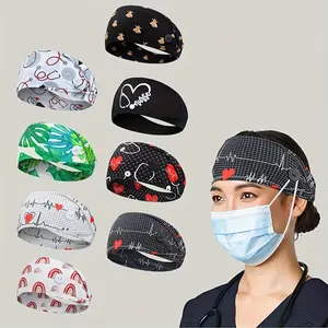 Non-Slip 4pcs Nursing Headbands - Elastic Hair Bands with Buttons for Face Covering Ear Protection - Wide Head Wraps for Nurses, Doctors, Spa, Yoga, Sports, Workout - Classic Patterns