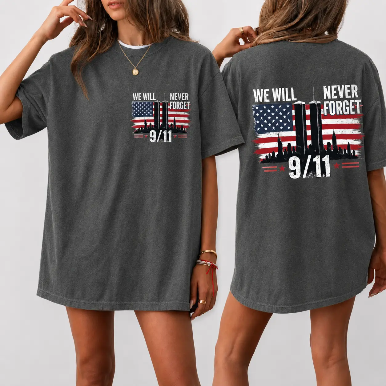 We Will Never Forget 9/11 Shirt, Patriotic American Flag Memorial Tee, Twin Towers Tribute T-Shirt, Front and Back Graphic Unisex Gift