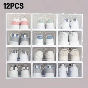 12-piece set, enlarged, lengthened and stackable plastic shoe cabinet storage box, transparent shoe box, folded space-saving shoe storage container with ventilation holes, fashionable and durable combination shoe box
