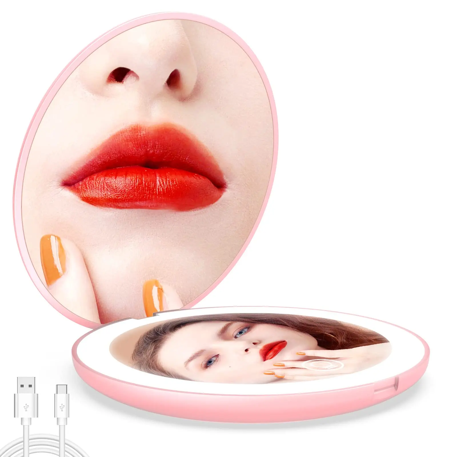 LED Compact Makeup Mirror, 4 Inches 1X/10X Magnification Travel Mirror with Light Dimmable Double Sides Lighted USB Rechargeable Compact Mirror, Travel Essentials Magnifying & Purses & Handbags Pink