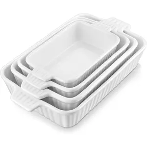 Casserole Dishes for Oven, 4-Piece Porcelain Ceramic Baking Dishes Bakeware Set, Deep Rectangular Lasagna Pans with Handles for Baking Cake, White, Multiple Sizes (9.4"/11.1"/12.2"/14.7") for Kitchen