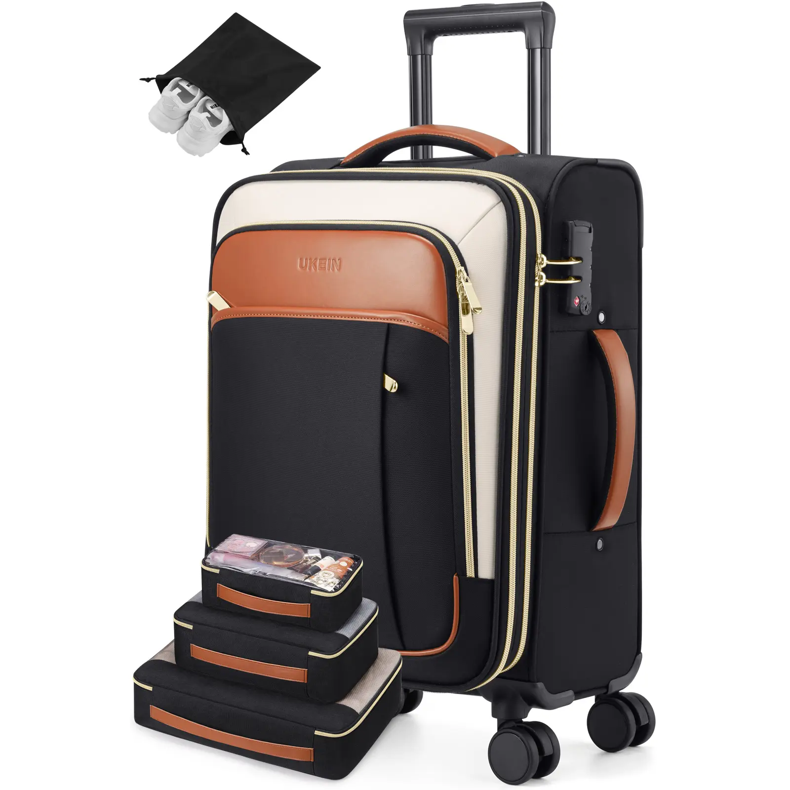 UKEIN 20” Softside Carry-On – Expandable Lightweight Spinner Suitcase with TSA Lock & 4-Piece Packing Cubes, Airline Approved Travel Companion