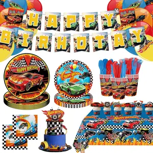 175 PCS Race Car Plates Napkins Birthday Party Supplies Paper Cup Disposable Tablecloth Balloons Banner Cake Topper Cupcake Decor Dinnerware Sets Race Car