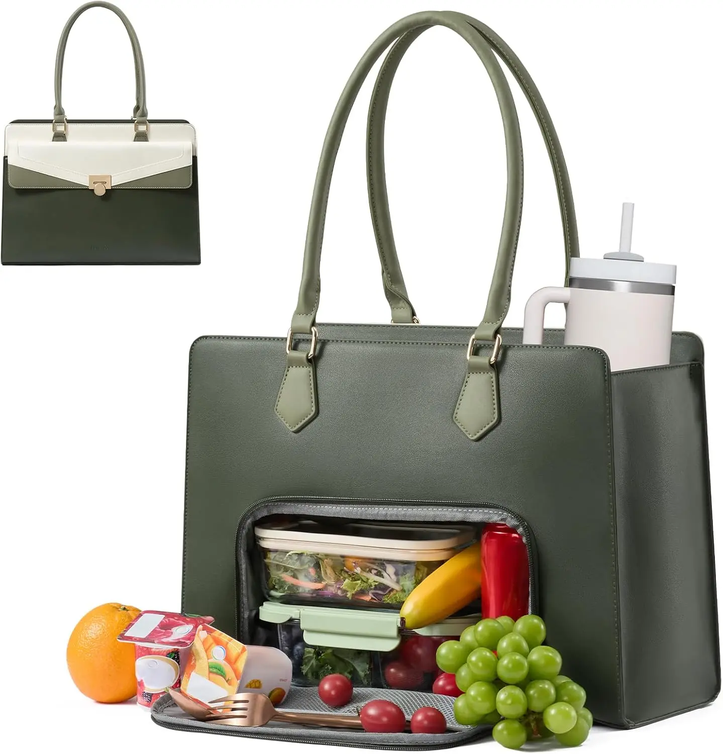 LOVEVOOK Lunch Bag,2 in 1 PU Tote Bag for Women with Insulated Lunch Compartment, Laptop Bag with Large Capacity & Cup Holder, 15.6" Work Tote for Teacher, Nurse, Travel, College, Daily