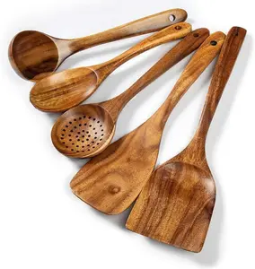 5-Piece Food Grade Solid Wood Kitchen Utensils Set - Long Handle Multi-Piece Cooking Turners, Spatula, Spoon, Odorless Heat Resistant Tools for Home Baking
