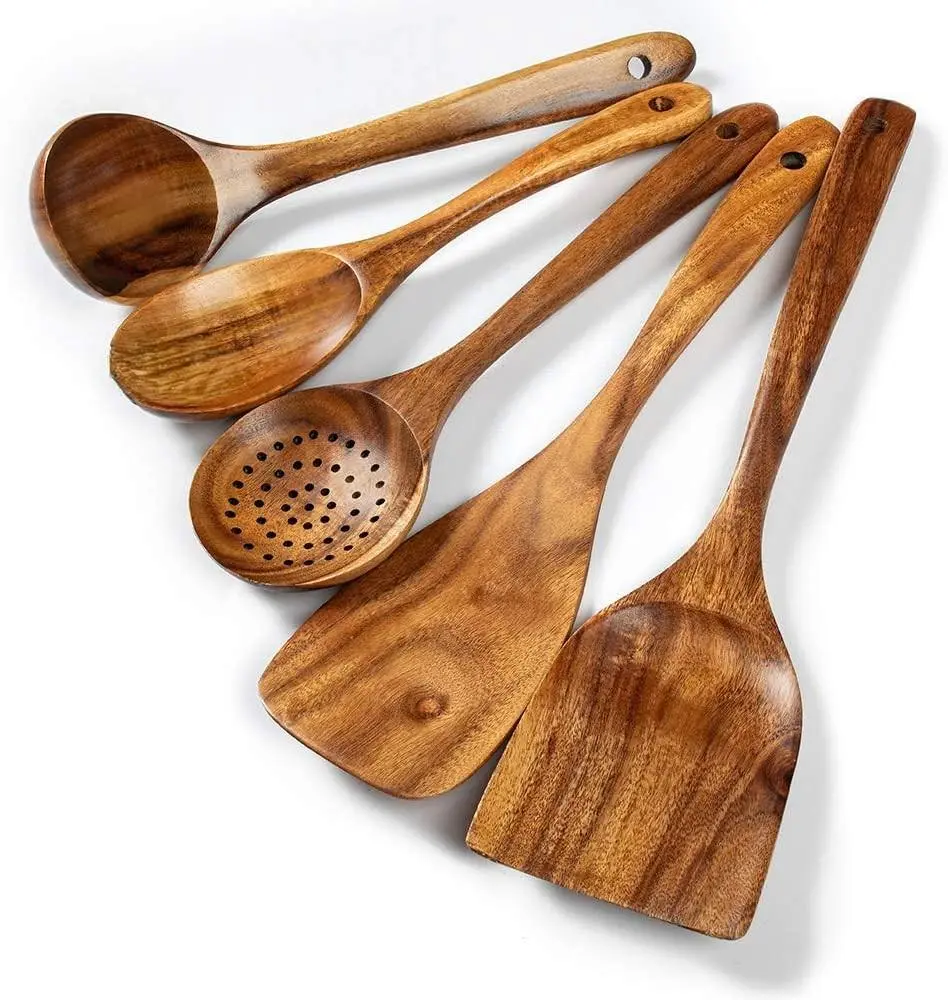 5-Piece Food Grade Solid Wood Kitchen Utensils Set - Long Handle Multi-Piece Cooking Turners, Spatula, Spoon, Odorless Heat Resistant Tools for Home Baking