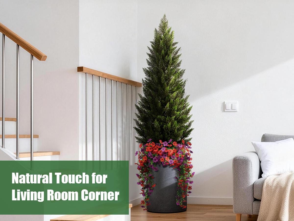 Set of 2 Artificial Cedar Topiary Trees (5/4/3 ft) — Includes Faux Flowers | Realistic Potted Plants for Indoor, Outdoor, and Porch Decor