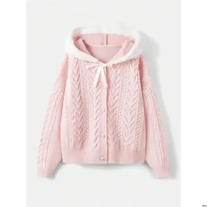 School Cardigan Contrast Himekaji Knit ROMWE Kawaii Cable Fuzzy Trim Hooded