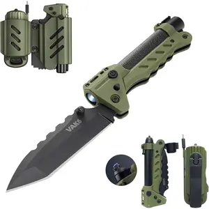 VAK6  Multitool with Folding , LED Flashlight, Pulse  and Hand Crank Generator, Camping Multitool  Rechargeable Flashlight with Belt Sheath (Green)