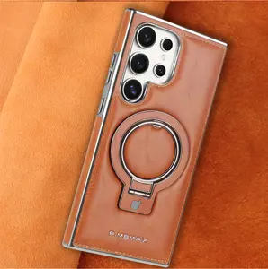 New Luxury Genuine Leather Magnetic Stand Phone Case for Samsung S25Ultra/S25Plus/S24Ultra/S23 Electroplated High-end Business Men Full Shockproof Protective Case