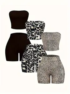 Women's Leopard Print Crop Top & Shorts Set, Womenswear Casual Fashion Cozy Breathable Two Piece Outfits for Daily Outdoor Wear, Ladies Clothes for Summer