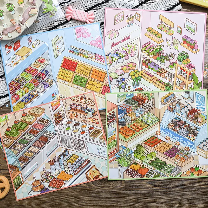 3 Sheets/bag Miniature Landscape Scrapbooking Sticker Pack, Shelf Update Series Business Storage Theme Decal Stickers, Decorative Display Accessories, Scene Stickers, Scenes Stickers, Scrapbook Accessory