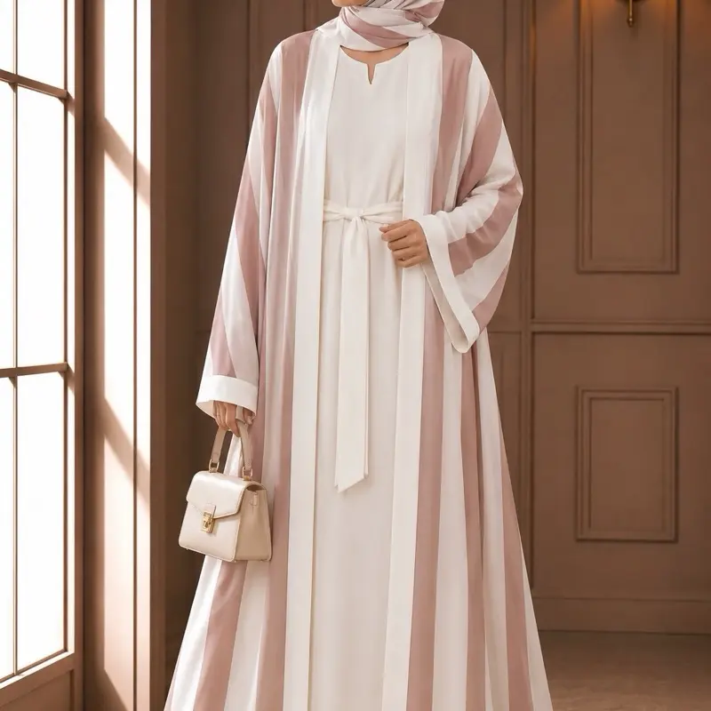 Women's Modest 4-Piece Chiffon Dress Set (Size 54/M) - Matching Scarf, Waist Belt, Plain Inner Layer, Open Stripe Outer Dress, Lightweight Fabric for Casual Wear, Elegant Lady Fashion Style