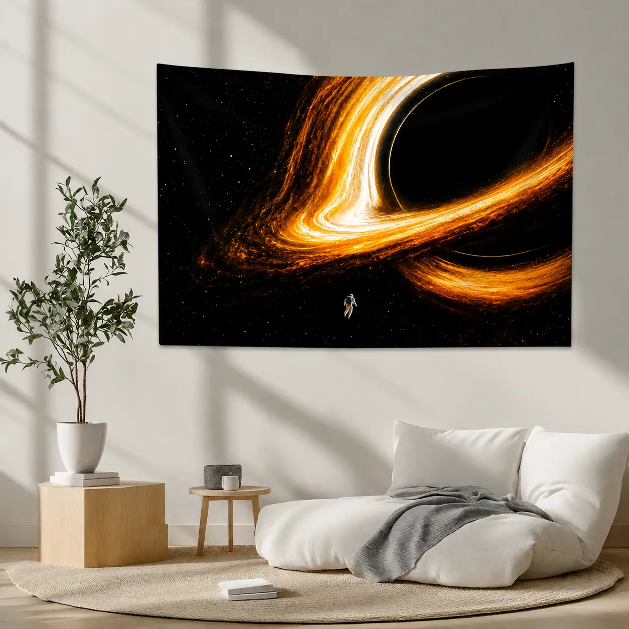 Astronaut Black Hole Decorative Tapestry - Golden Cosmic Space Wall Hanging with Tin Stickers, Sci-Fi Galaxy Universe Wall Art for Bedroom, Living Room