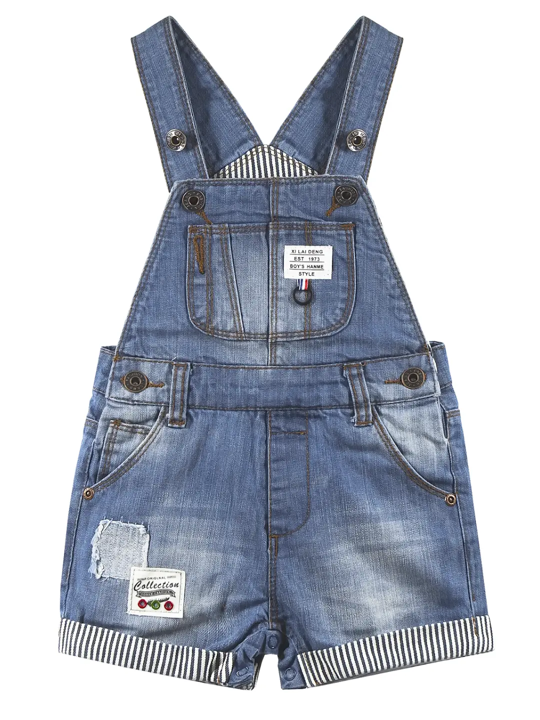 Kidscool Space Toddler Embroidered Cotton Denim Shortalls, Unisex Washed Summer Outfit with Adjustable Straps and Detachable Buttons, Soft Cotton