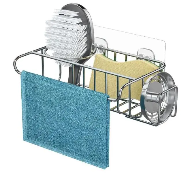 Stainless Steel 4 in 1 Adhesive Sink Caddy with Dish Cloth Hanger, Soap Rack, Sink Stopper Rack & Sponge Caddy for Kitchen Organiser