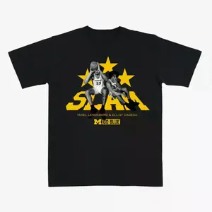 SLAM Yaxeeil Lendeborg & Elliyot Cadeeau T-Shirt, College Basketball Duo Graphic Tee, Star Accent Design, Casual Crew Neck T-Shirt, Unisex Fit For Men Women, Gift for Michigan Basketball Fans