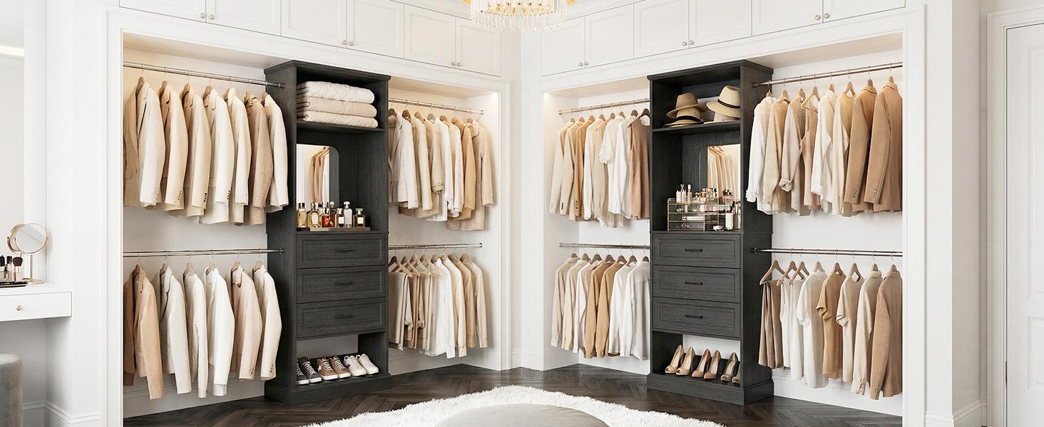 Unikito Closet System, 4FT - 9FT Closet Organizer with Mirror, Luxury Walk in Closet Insert with Drawers and 4 Hanging Rods, Sturdy Wood Wardrobe Closet Garment Rack with 25” Tower