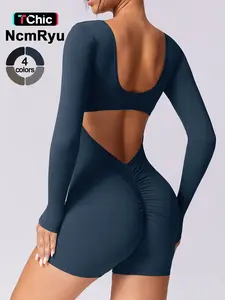 Women's Seamless High Elastic Soft U-Neck Back Hollow-Out Hip Lifter Yoga Suit Four Seasons Outdoor Running Cycling Climbing Walking Fashion Siaman Shorts Gym Sports Training All-match Long-sleeved Shorts, Stretchable Activewear Workout Jumpsuit