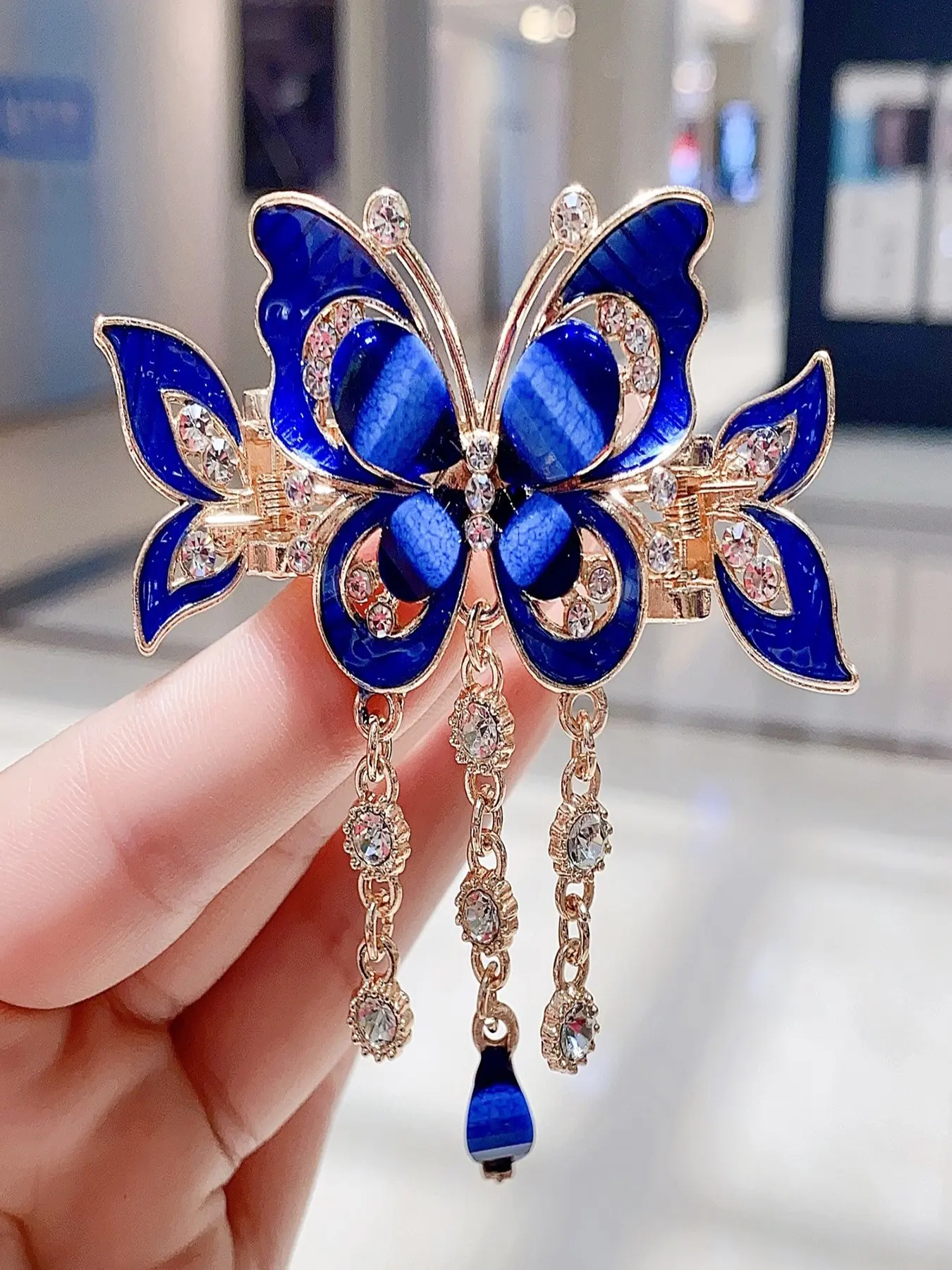 Metal Butterfly Tassel Hair Claw Clip, Rhinestone Butterfly 