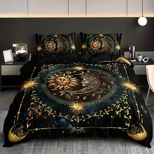 3-Piece Bedding Set, Sun Moon Planet Print, Soft Comfortable Fabric, Zipper Design, Ideal for Bedroom