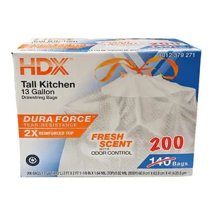 HDX 13 Gallon Reinforced Top Drawstring Fresh Scented Tall Kitchen Trash Bags with 20% PCR (200-Count), op and Flex Technology, Non-Slip Grip for Cans, Odor Control Fresh Scent, Tear Resistant for Heavy Kitchen Waste.
