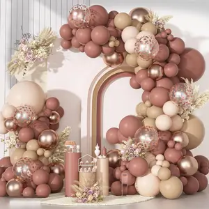 Party neutral pink-brown nude color balloon arch set, with different sizes of 18, 12, 10, and 5 inches in beige, tan, rose pink, and blush pink latex and foil balloons, suitable for birthday, baby shower, and wedding party decorations