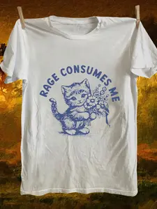 Men'S Oversized Heavyweight Vintage Punk Rock Tee - Big & Tall Fit Featuring The Slogan 'Rage Consumes Me' And a Kitten Band Logo Print - Comfortable And Breathable Streetwear Shirt for Music Enthusiasts, Retro Band Merchandise Style (White)