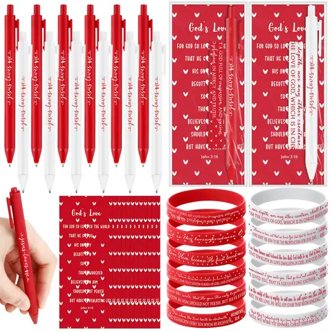 Christian Bible Verse Ballpoint Pen Set with Valentine's Day Cards, Inspiring Bookmarks, Silicone Friendship Bracelets – Festive Party Favor, Writing Instruments for Religious Students' Classroom Exchange