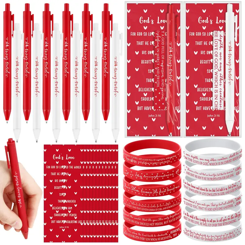 Christian Bible Verse Ballpoint Pen Set with Valentine's Day Cards, Inspiring Bookmarks, Silicone Friendship Bracelets – Festive Party Favor, Writing Instruments for Religious Students' Classroom Exchange