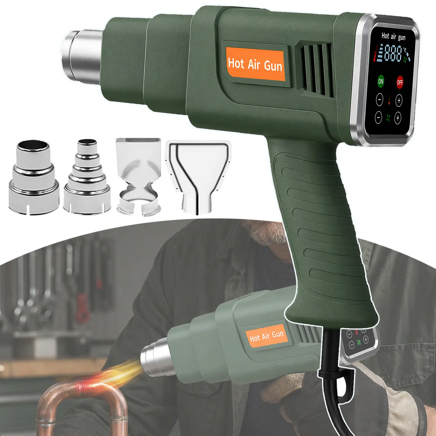 Hot Air Gun Kit, 1800W Heat Gun Electric Hot Air Gun ,140℉-1112℉（60℃- 600℃), Bubble Removing Tool For Car Wrap with 4 Nozzles, for Crafts, Shrink Wrapping/Tubing, Paint Removing, Epoxy Resin