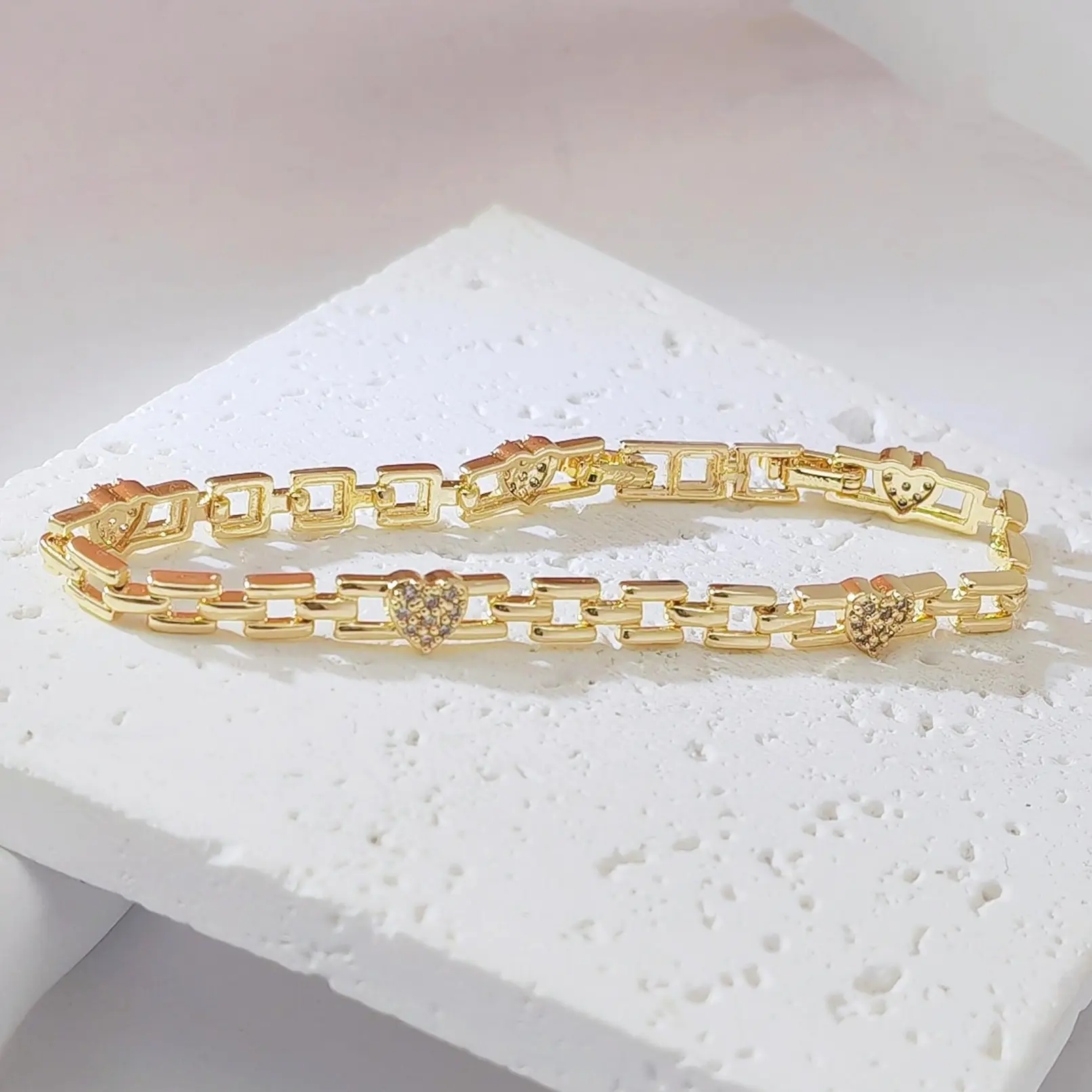 14K Gold Plated Rectangle Paperclip Link Bracelet for Women, Dainty Paved Cubic Zirconia Heart Chain Bracelet, Tarnish Resistant Stackable Fashion Wrist Jewelry Gift for Her