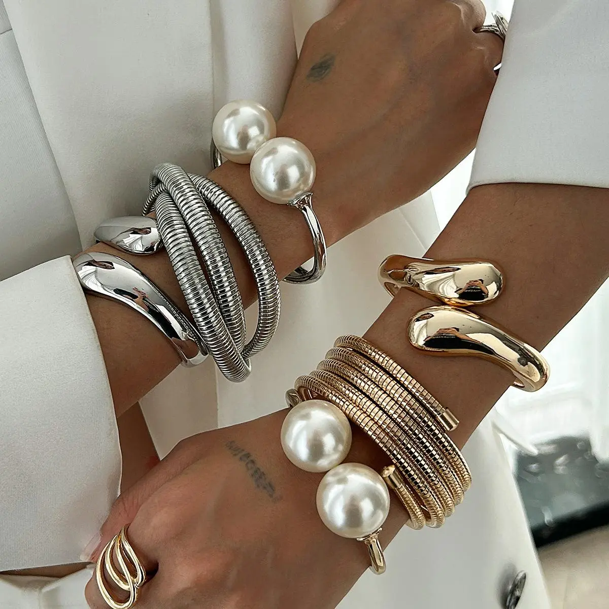 FASHION4U - KMVEXO Vintage Layer Geometric Chunky Bangles Gold Silver Color Metal Cuff Open Stacking Bracelet Bangle Streetwear Punk Jewelry
