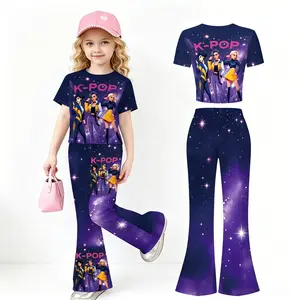 Girls' K-Pop Demon Hunter 2-Piece Outfit - Milk Silk Acrylic Wool, Casual Sporty Short-Sleeve Summer Streetwear, Trendy Fan Costume for Girls (Daily Casual & Party Performance Gift)