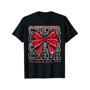 [100% Cotton] 100% Cotton Coquette Cheer Bow Team Cheerleading T-Shirt - Unisex Red & & CHEER Slogan Print, 100% Cotton Short Sleeve Tee with Pom-Pom-Like Bow Accent, S-XXXL Sizes for Cheerleading Squad, Mascot, Spirit Events