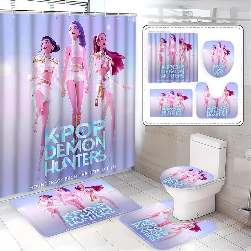 Creative K-Pop Demon Hunters Shower Curtain Set, Bathroom Accessories Kit with Mat, Toilet Lid Cover, Hooks, Two Specifications Available