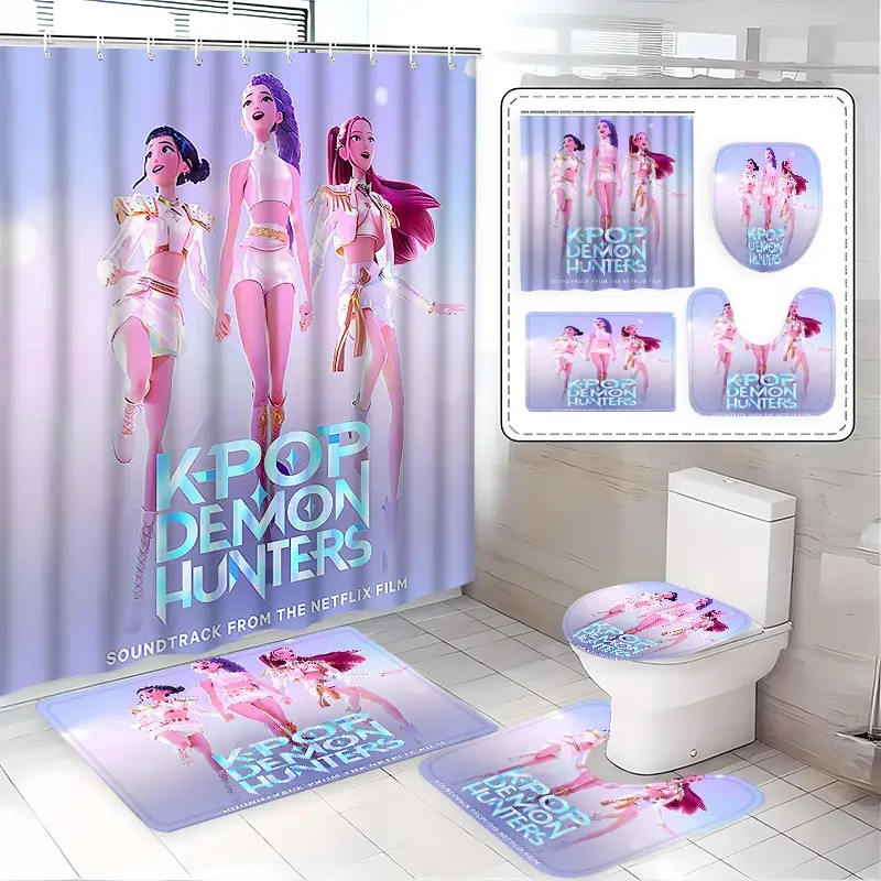 Creative K-Pop Demon Hunters Shower Curtain Set, Bathroom Accessories Kit with Mat, Toilet Lid Cover, Hooks, Two Specifications Available