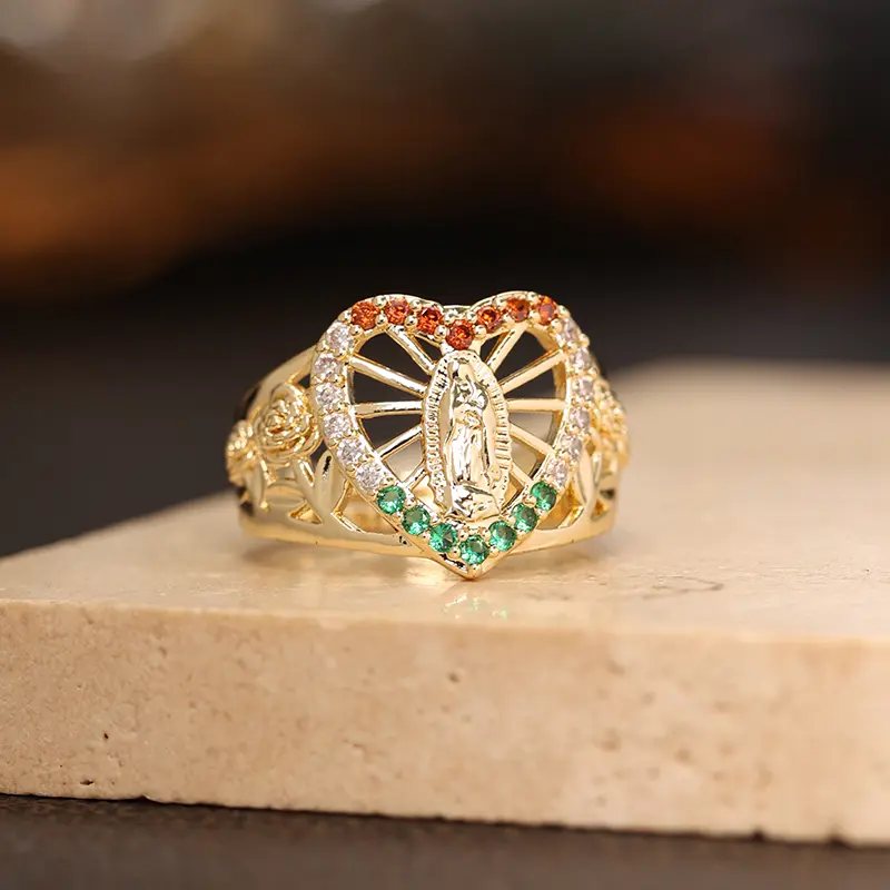Guadalupe Synthetic Cubic Zirconia Heart Ring - Sparkling Look Religion Jewelry with Virgin of Guadalupe Medal, Synthetic Stones Holiday Gift for Teenagers, Christmas, Durable Synthetic Cubic Zirconiaia Stone