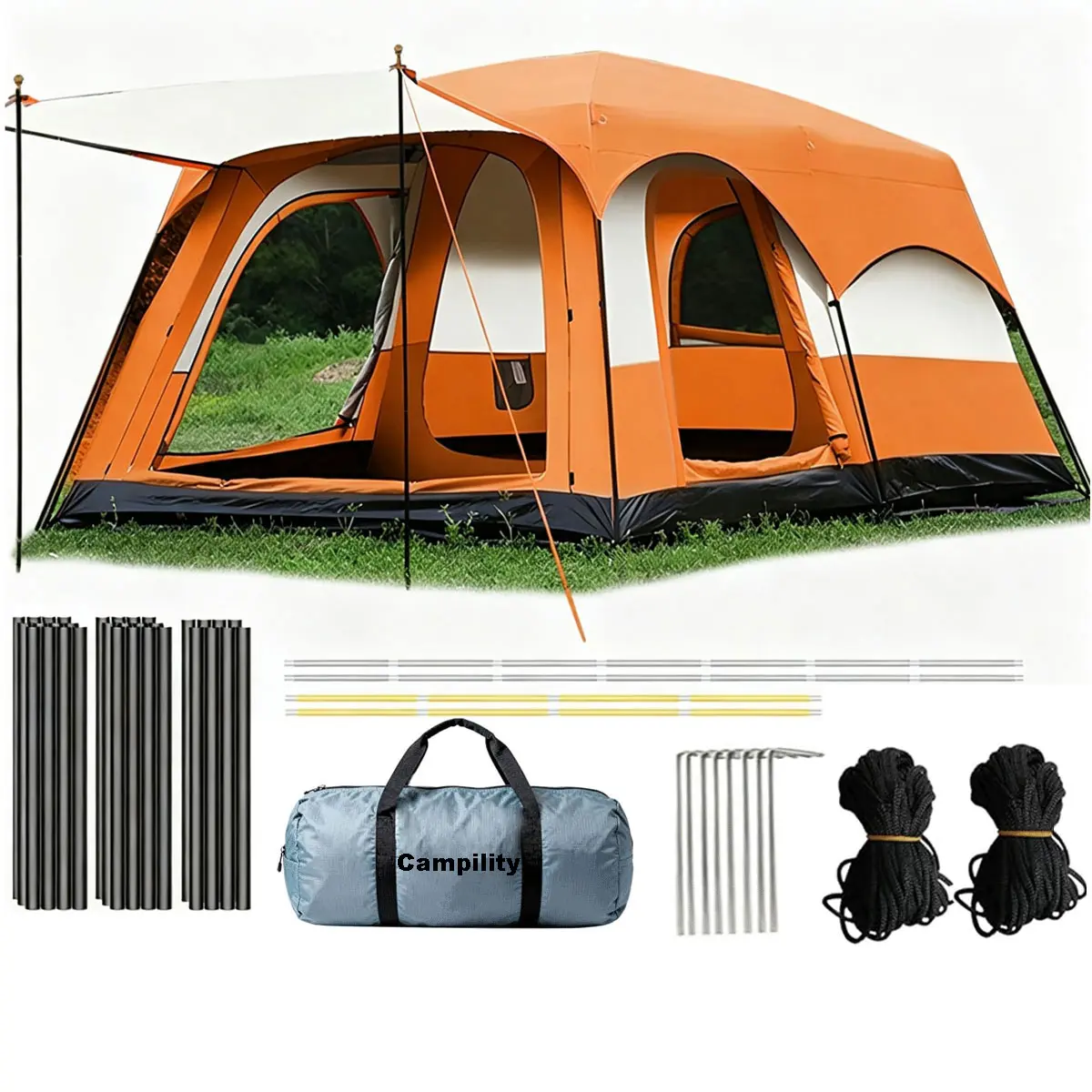[Family Camping Tent] 10-12 Person Extra Large Waterproof Easy Setup Oxford Straight Wall 2 Rooms Mesh Windows 3 Doors for Summer Camping Hiking Glamping Friends & Family Gatherings Camping Essentials National Park Week Labor Day Gift