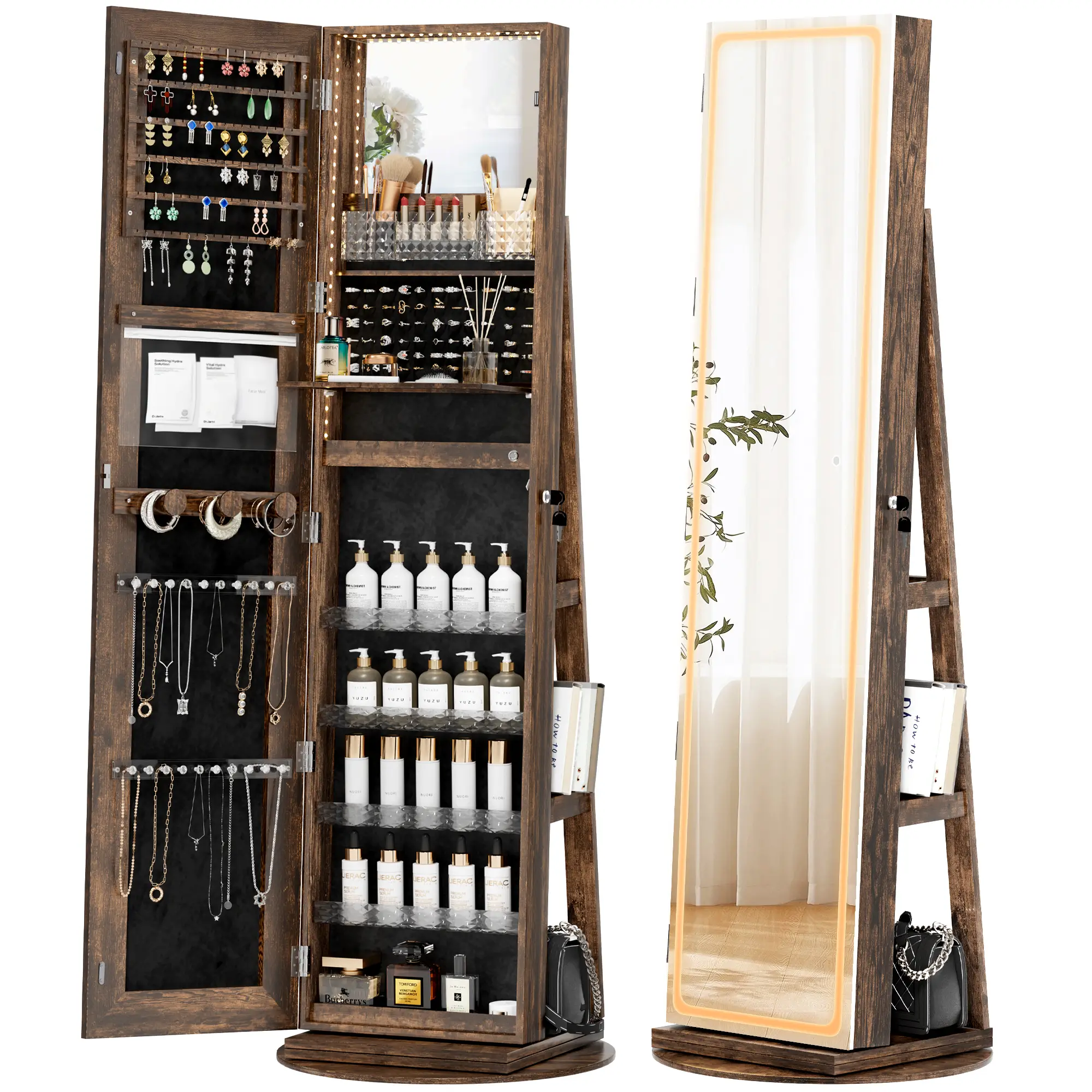 [FallFreshness]LHBCRAFT Jewelry Armoire, Mirror Jewelry Cabinet Standing, jewelry organization, jewelry armoire, Mirror with Storage, Mirror Cabinet C