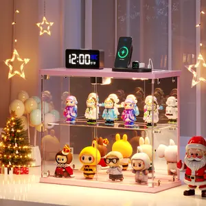 Dystler Lighted Clear Glass Display Case for Figures & Collectibles Small 2-Tier Cabinet with Charging Station LED Lights Human Sensor for Model Car Perfume