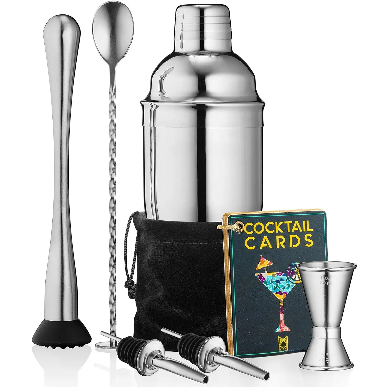 Silver Stainless Steel Cocktail Shaker Set - 8-Piece Portable Bartender Kit for Party, Housewarming (Perfect Gift), 24oz Martini Shaker with Built-in Strainer, 2 Pourers, Muddler, Jigger, Mixing Spoon, Includes Velvet Bag, Drink, Utensils