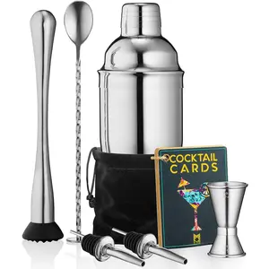Cocktail Shaker Set Drink Mixer, 8-Piece Portable Bartender Kit with 24oz Martini Shaker Barware Tool Set, 2 Pourers, Muddler, Jigger, Mixing Spoon, Velvet Bag, Built-in Strainer (Silver)